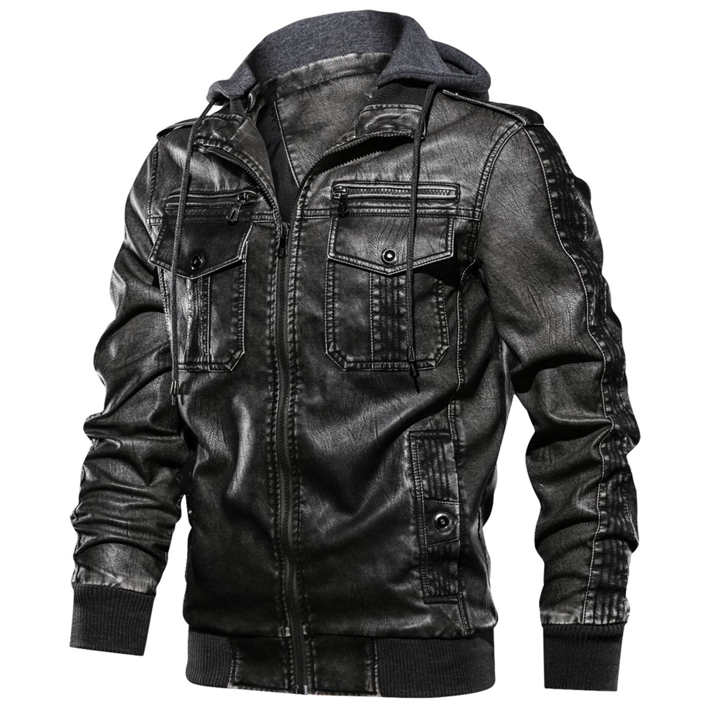 Men Hooded Leather Jacket