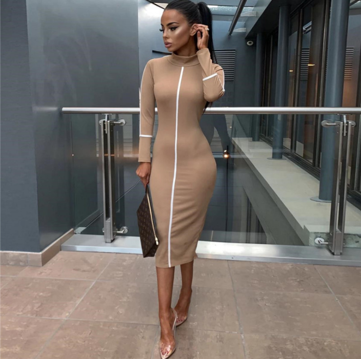 High neck long sleeve sexy dress