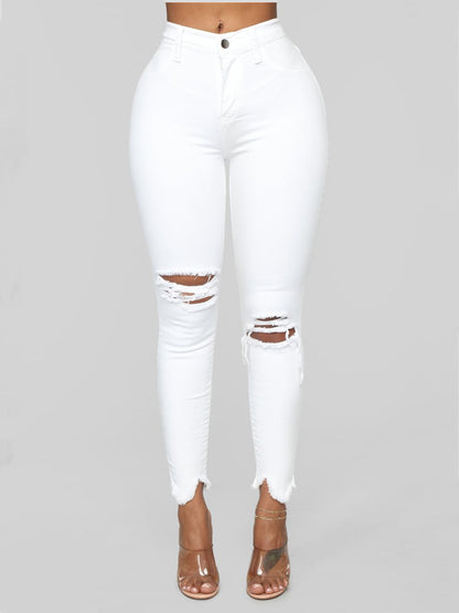 Ripped solid denim long pants