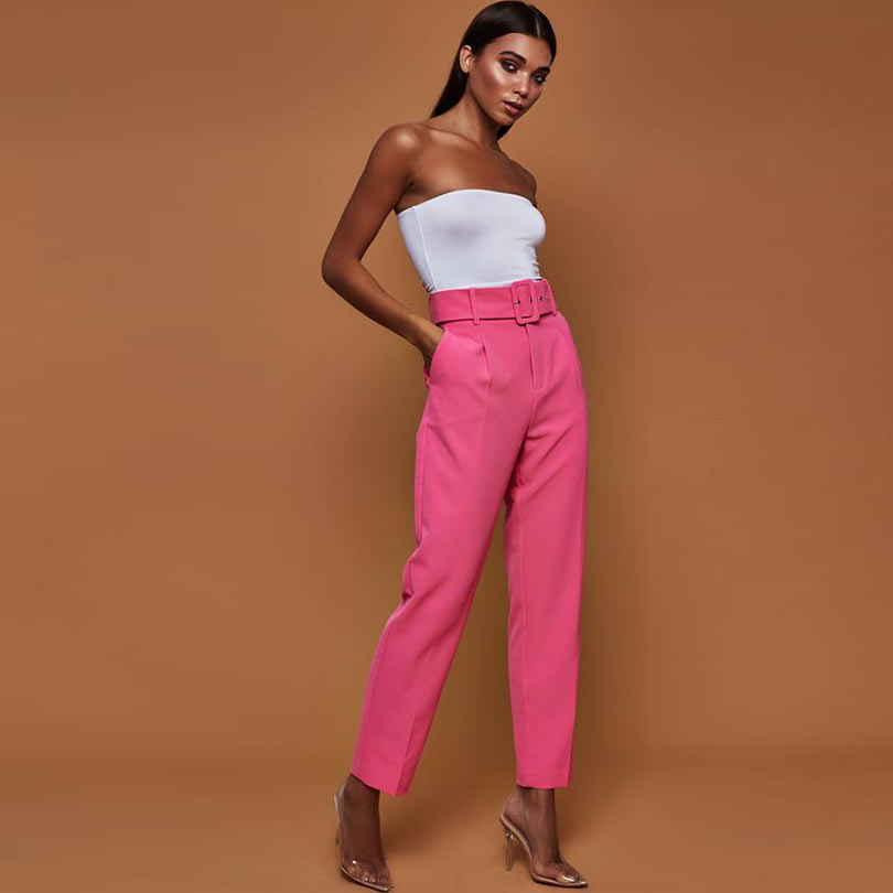 High Waist Belted Straight Suit Pants