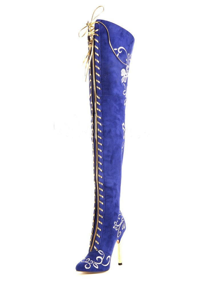 Elegant Embroidered Over The Knee Zip-up Stiletto Heel