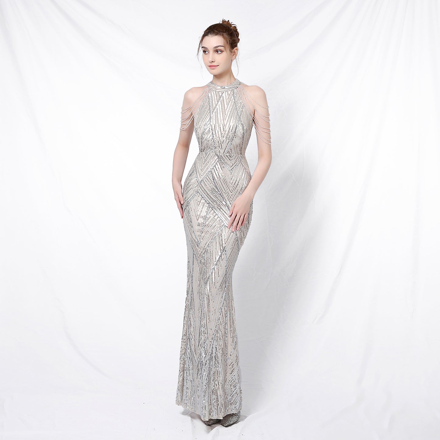 Strapped Sequin Evening Dress