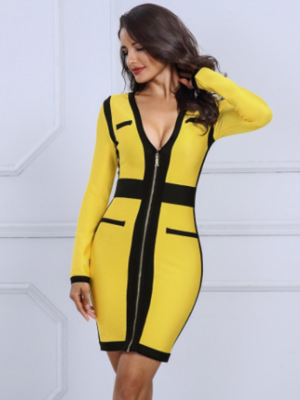 Deep V-neck long-sleeved slim bandage dress