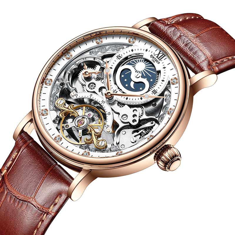 New KINYUED Genuine Automatic Leather Hollow Mechanical Watches Travel-time