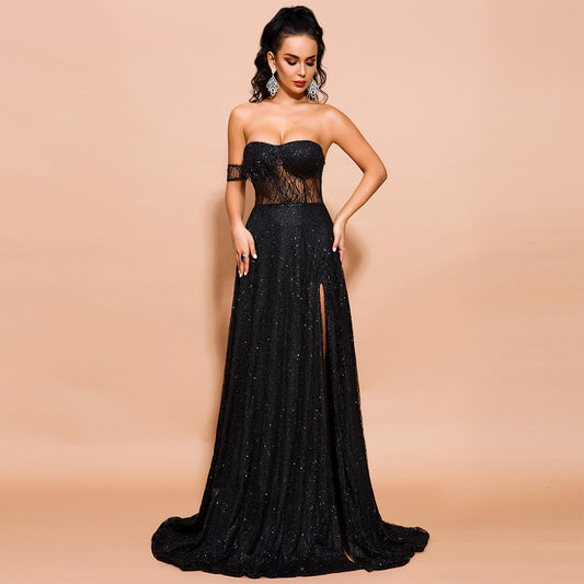 Off-shoulder tube top mesh sequin party dress