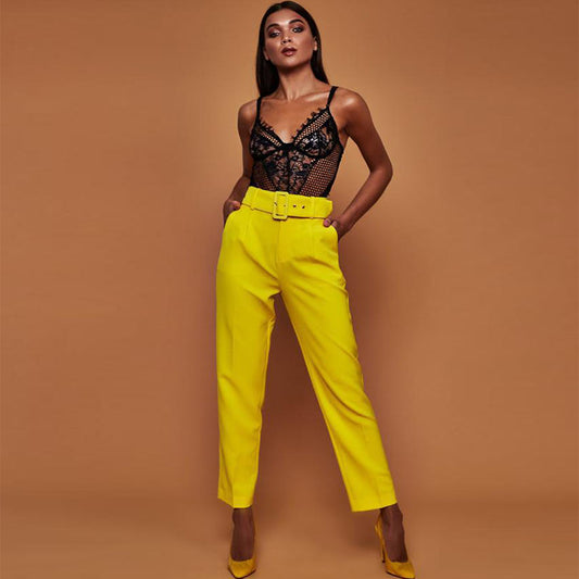 High Waist Belted Straight Suit Pants