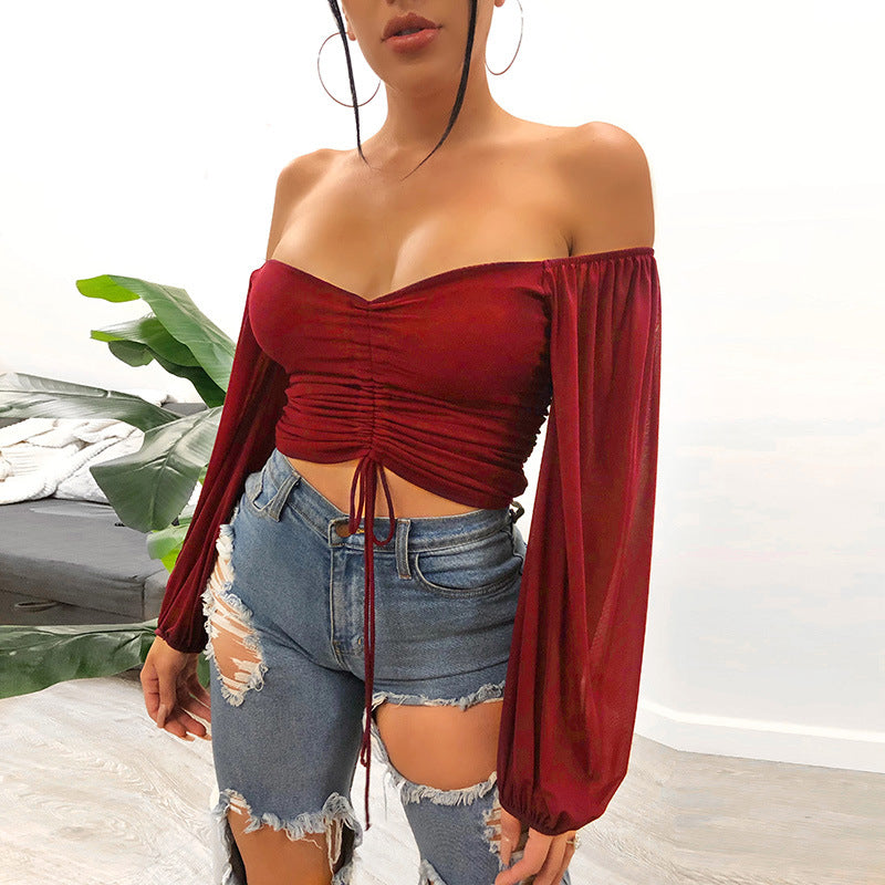 Trendy Mesh drawstring long sleeve Crop top