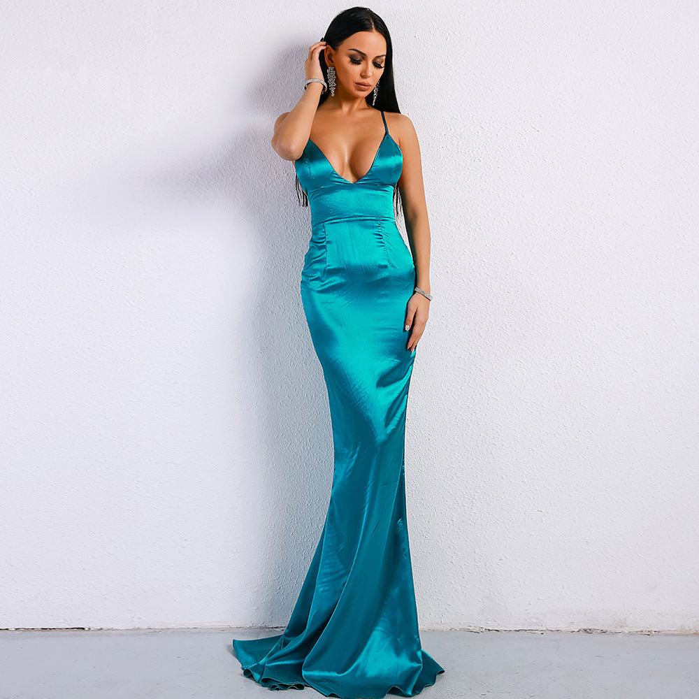 V-neck Solid Color Sling Backless Evening Dress