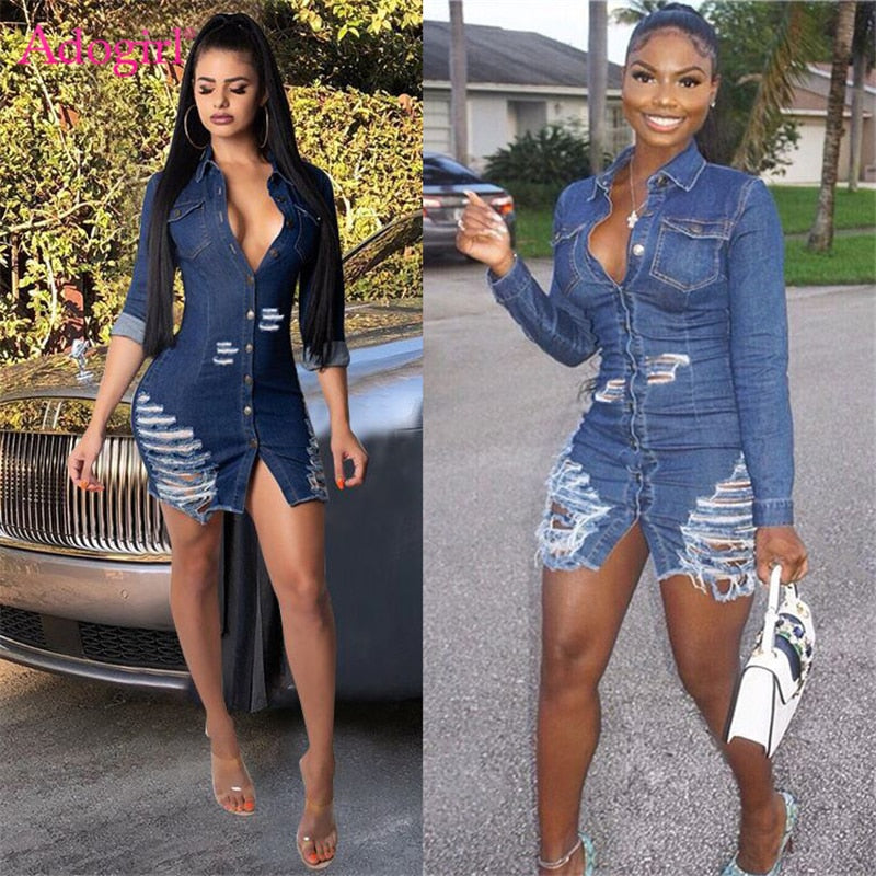 Shredded casual denim dress