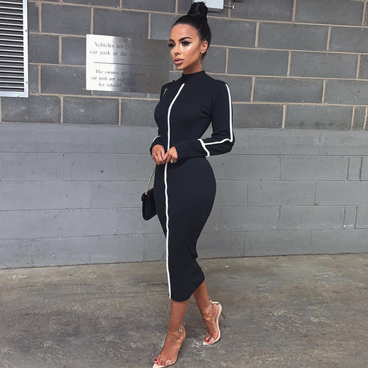 High neck long sleeve sexy dress