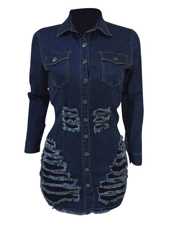 Shredded casual denim dress