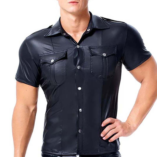 Men's Leather Skinny Short-sleeved Shirt