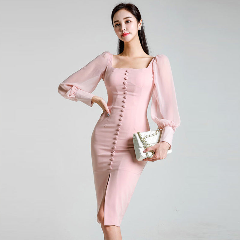 Chiffon stitching puff sleeve hip dress