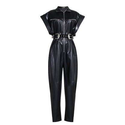 Tight waist leather Jumpsuit