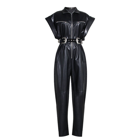 Tight waist leather Jumpsuit