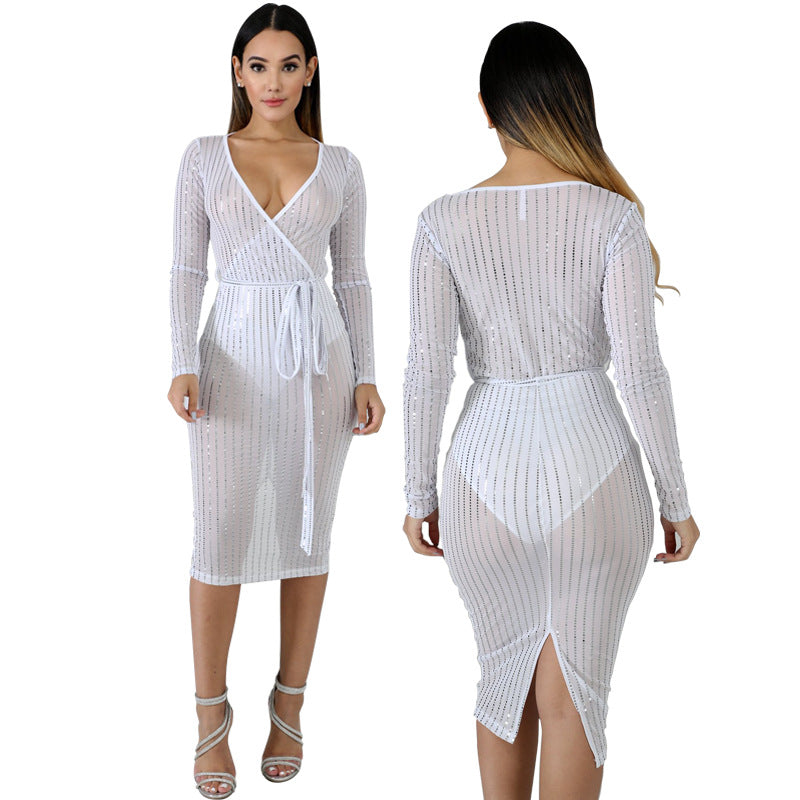 Deep V dress with screen punch - see through