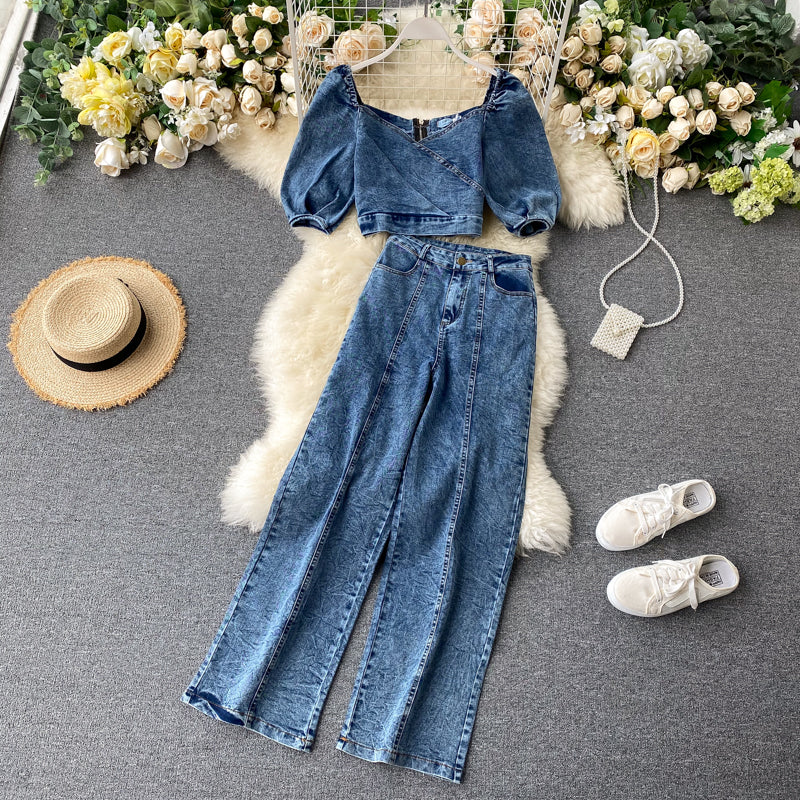 Two-piece denim high-waist wide-leg pants