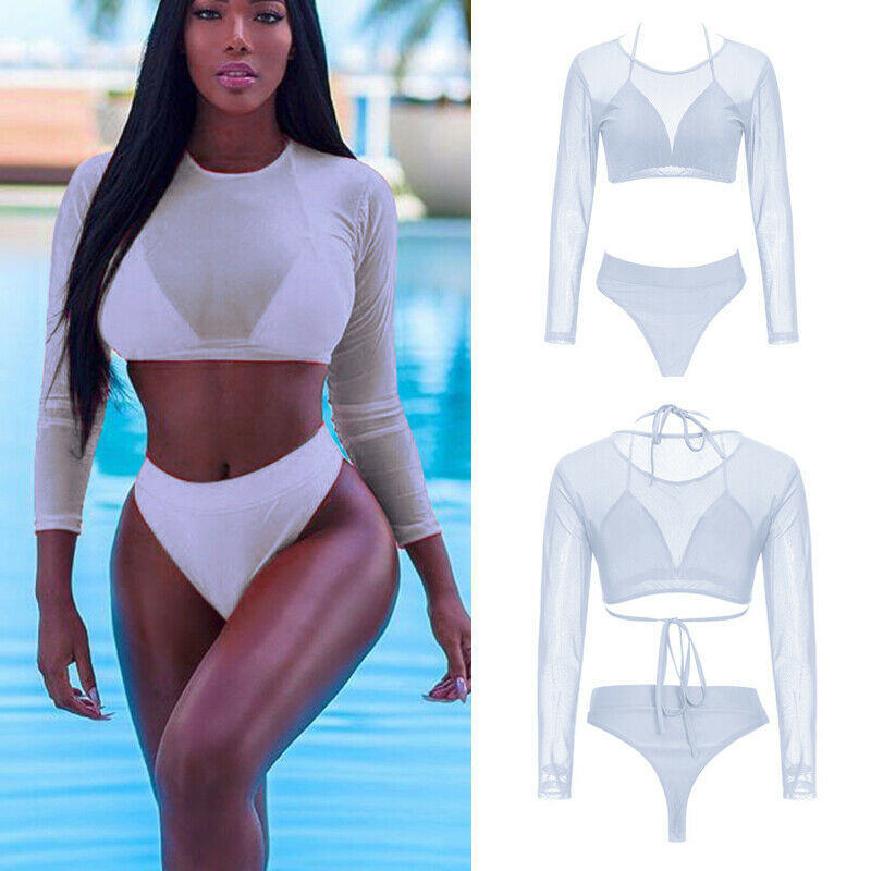 Long Sleeve Mesh Bikini Three Piece Set