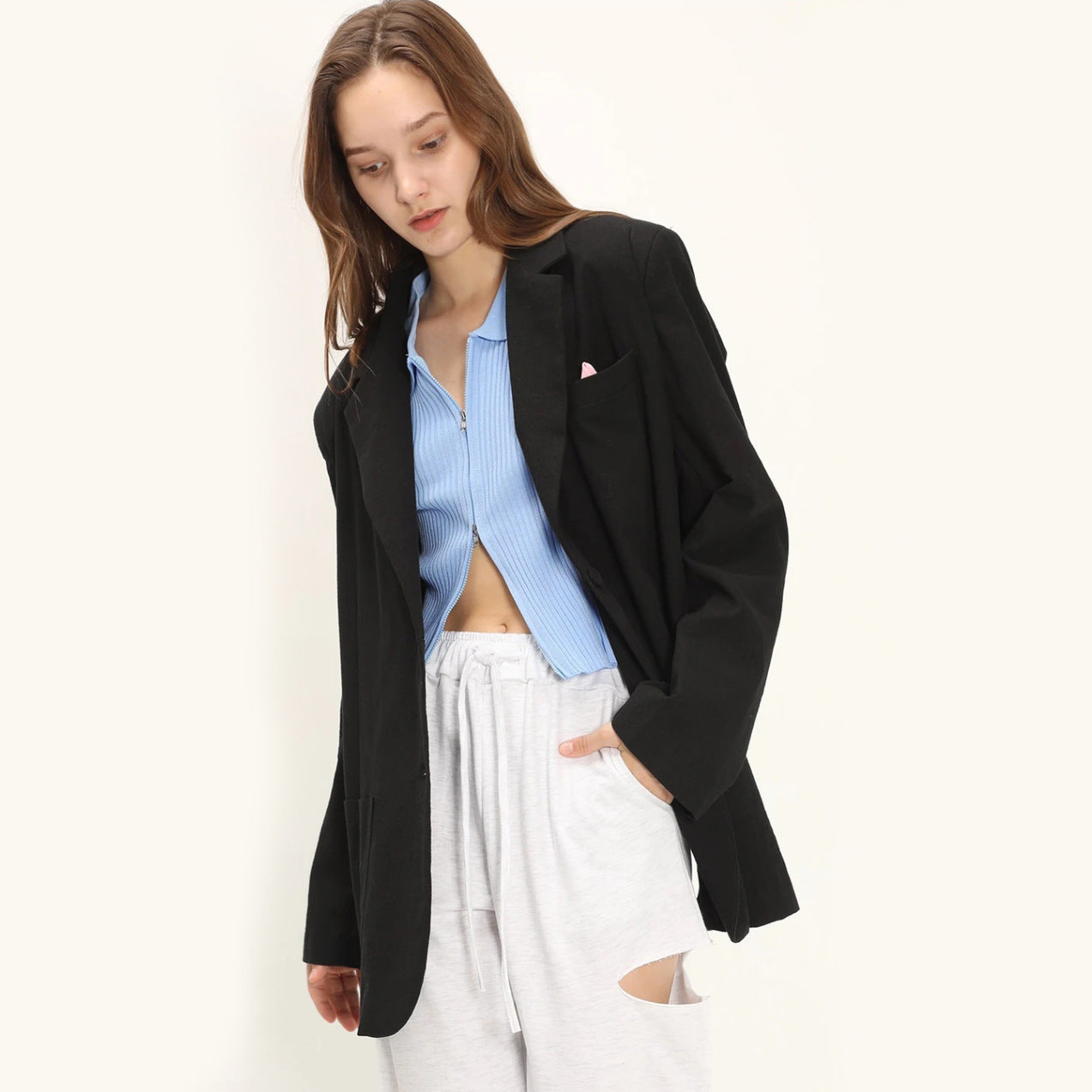 Loose Buckle Shoulder Pad Jacket - Fashionable Casual Suit