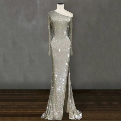 One Shoulder Asymmetric Sparkling Crystal Long Dress