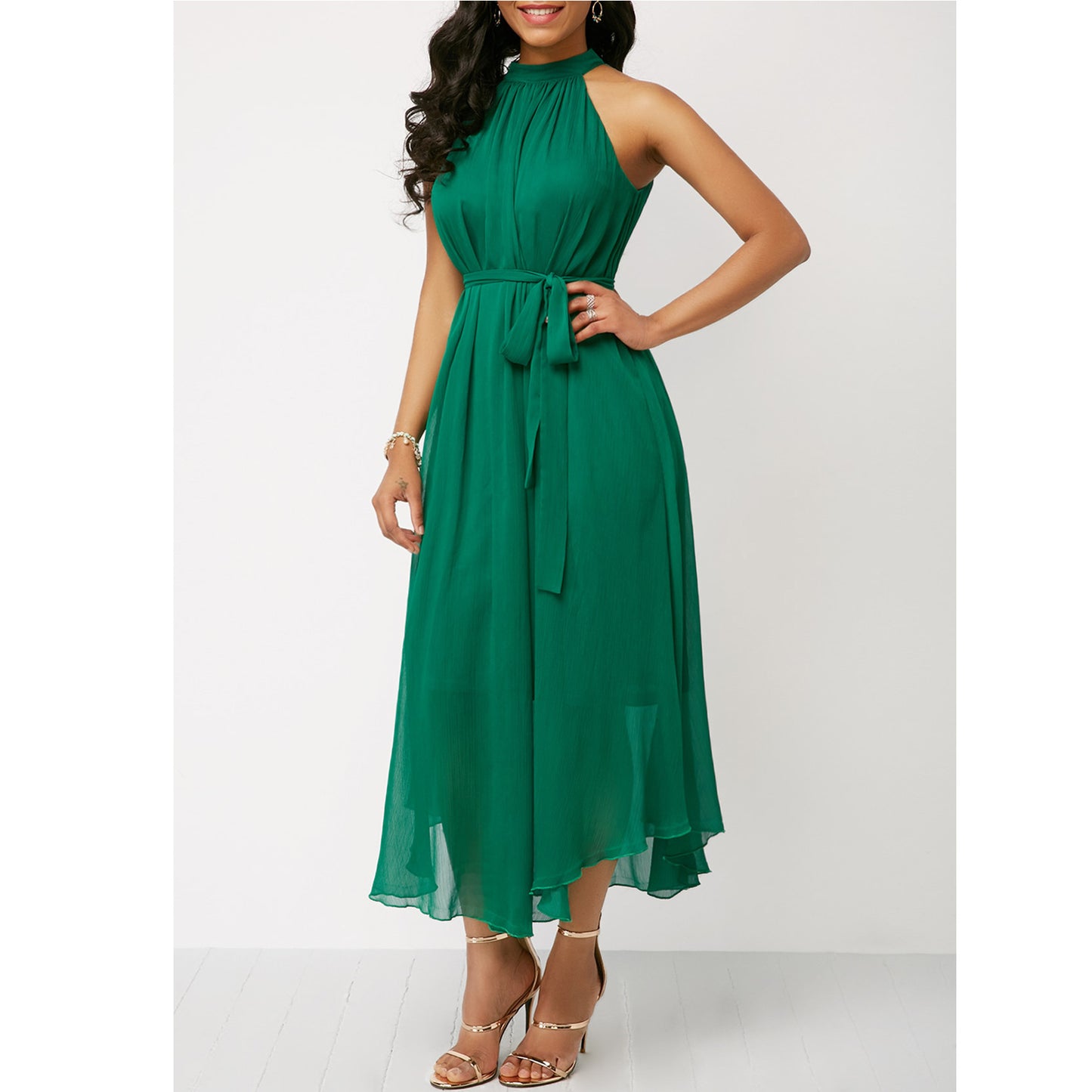 Halt Neck Chiffon Pleated Dress