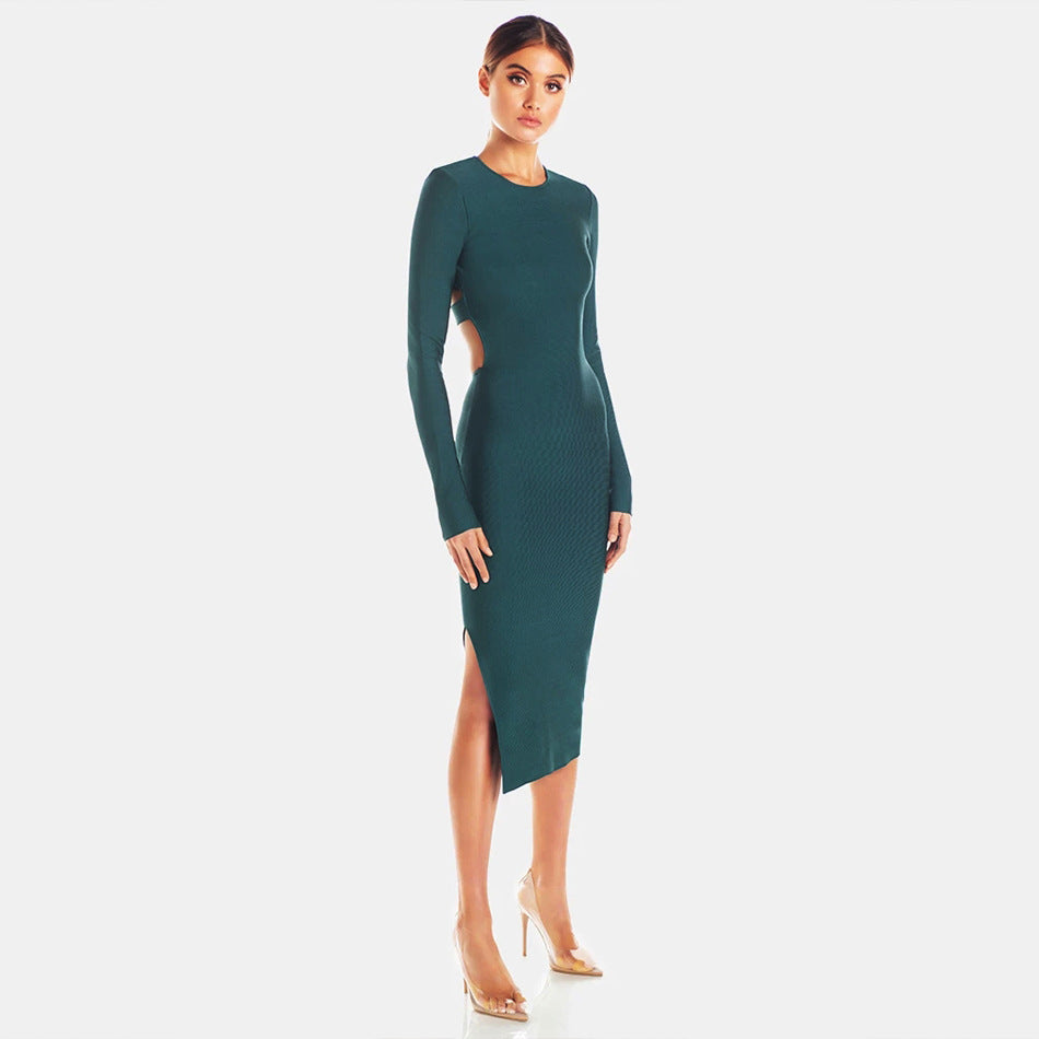 Long sleeve green catwalk bandage dress women