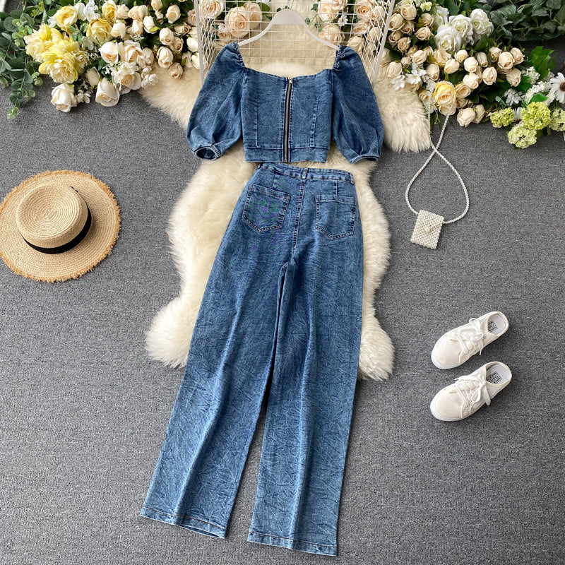 Two-piece denim high-waist wide-leg pants