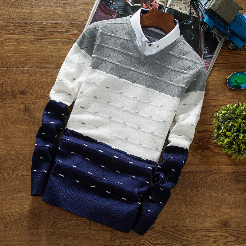 Men's Knitted Sweater - Fake Two-piece Shirt Collar Sweater