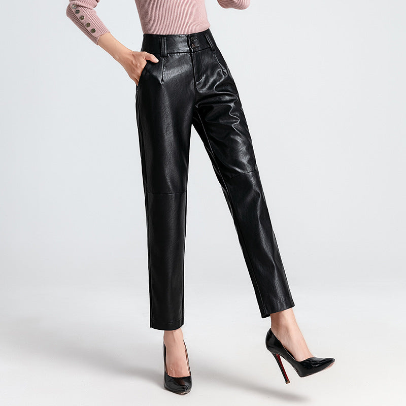 Small Straight High Waisted Sheepskin Trousers With Small Feet