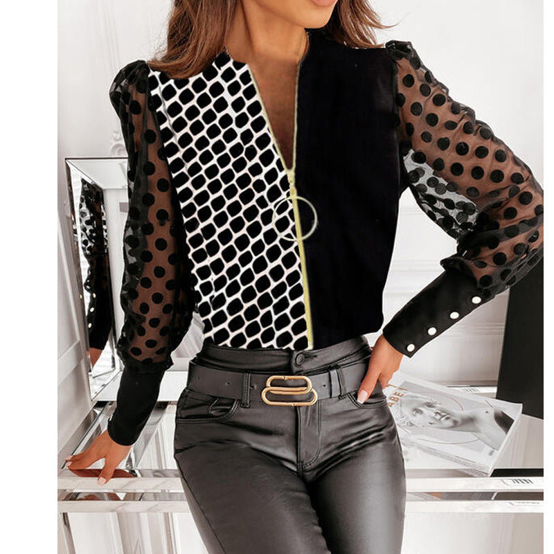 V Neck Stitching Long Sleeved Chiffon Shirt