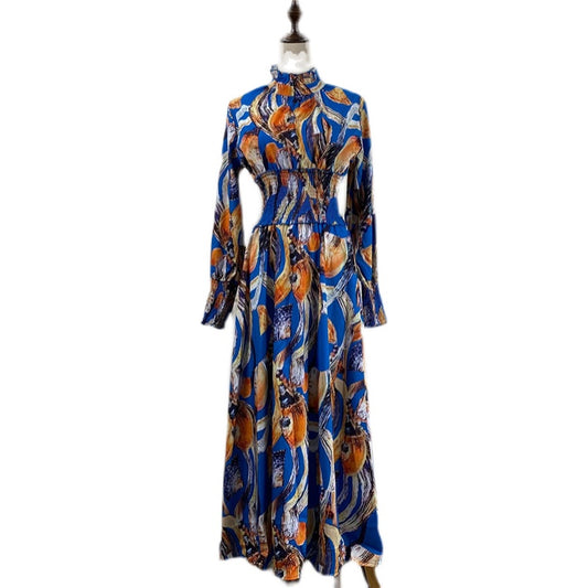 Women Printed Lapel Long Sleeve Dress