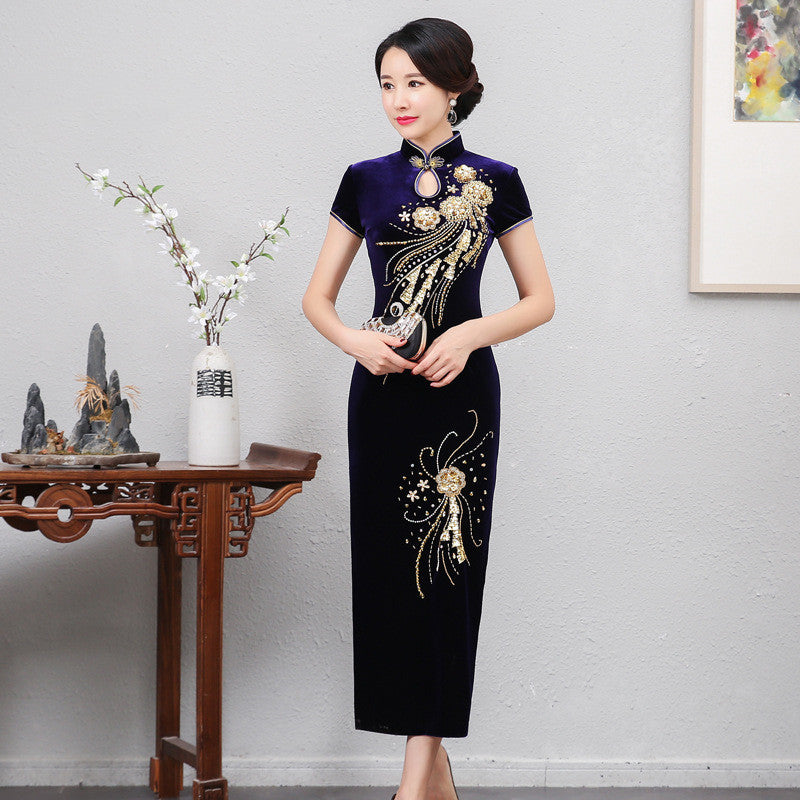 Golden Velvet Vintage Modified Beaded Long Cheongsam