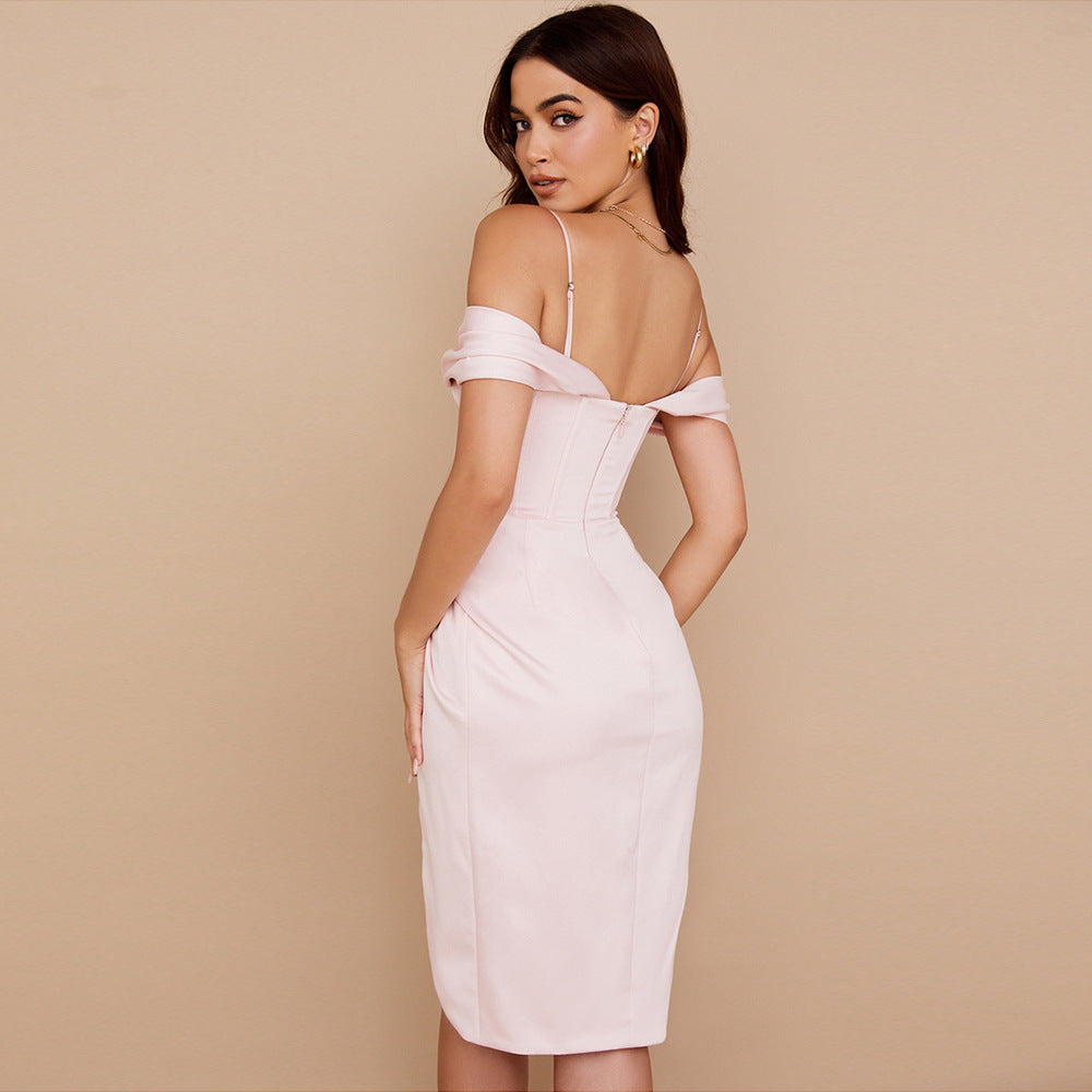 Pleated Off-shoulder Split Sling Dress