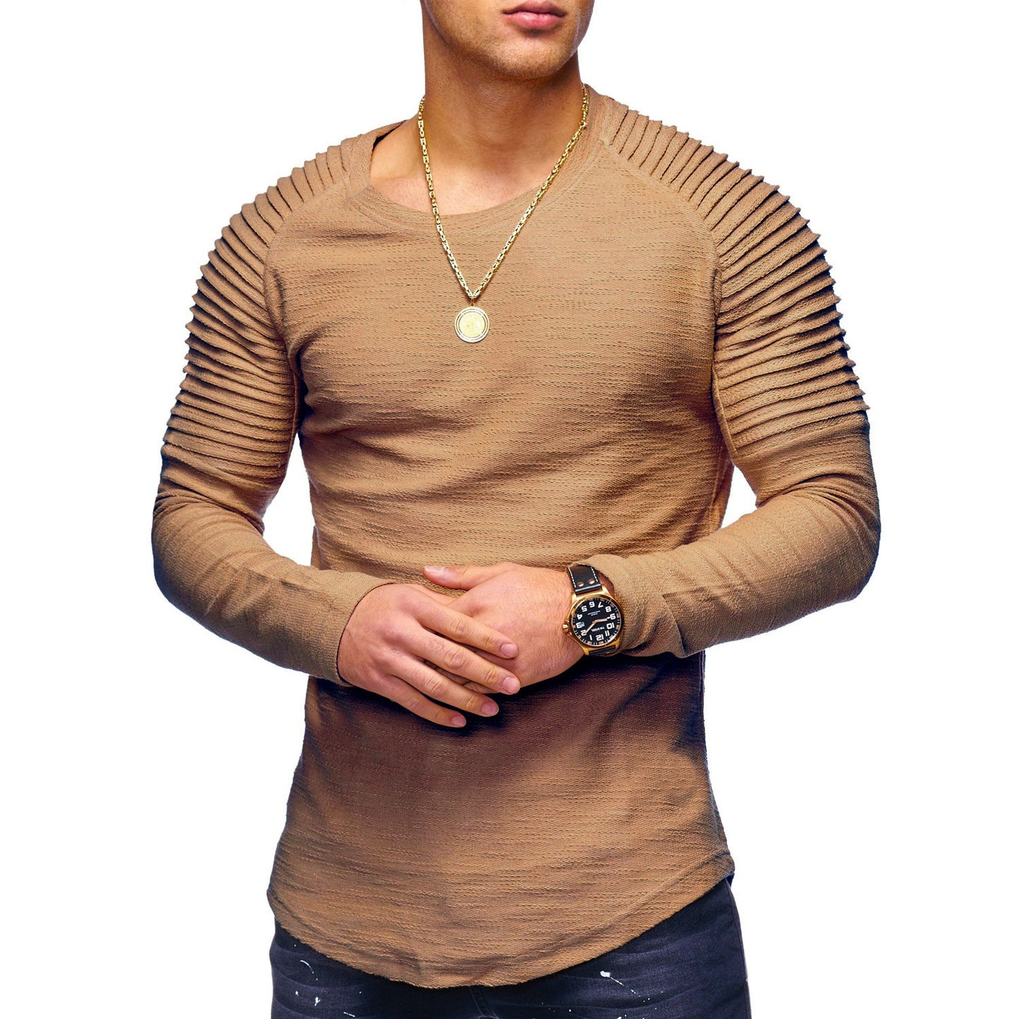 Round Neck Solid Color Long Sleeve T-Shirt