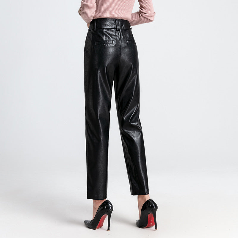 Small Straight High Waisted Sheepskin Trousers With Small Feet