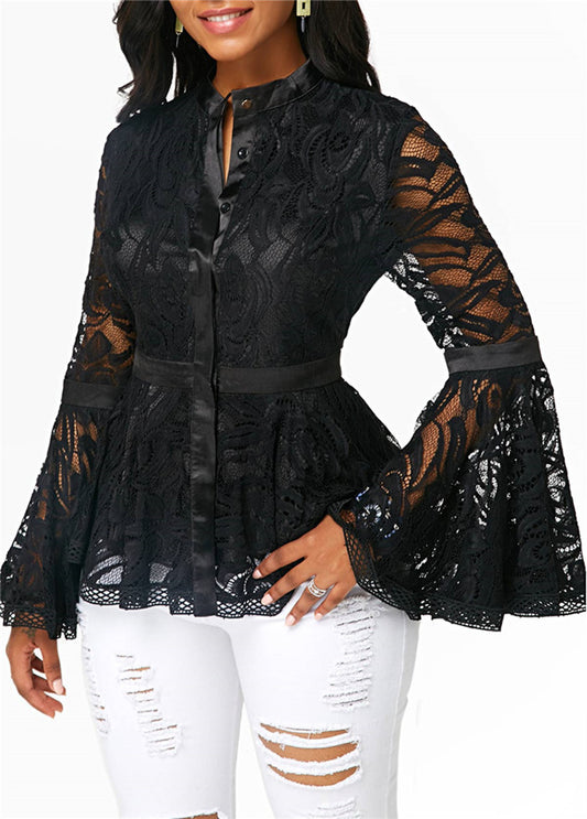 Lace Blouse Tops-trumpet sleeve