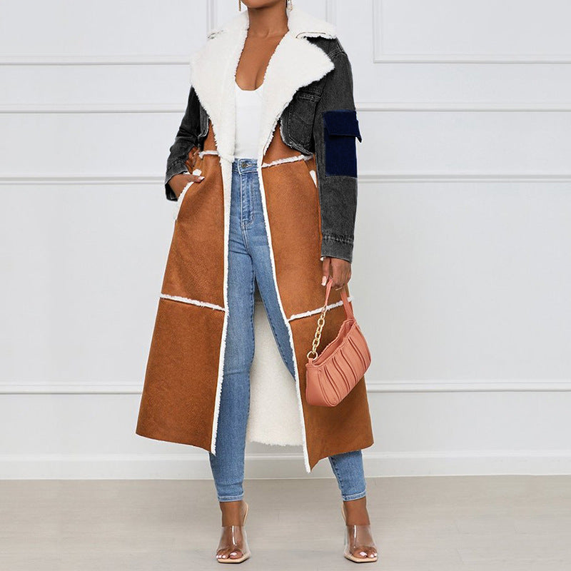 Nipped-waist Long Denim-paneled Lambskin Coat