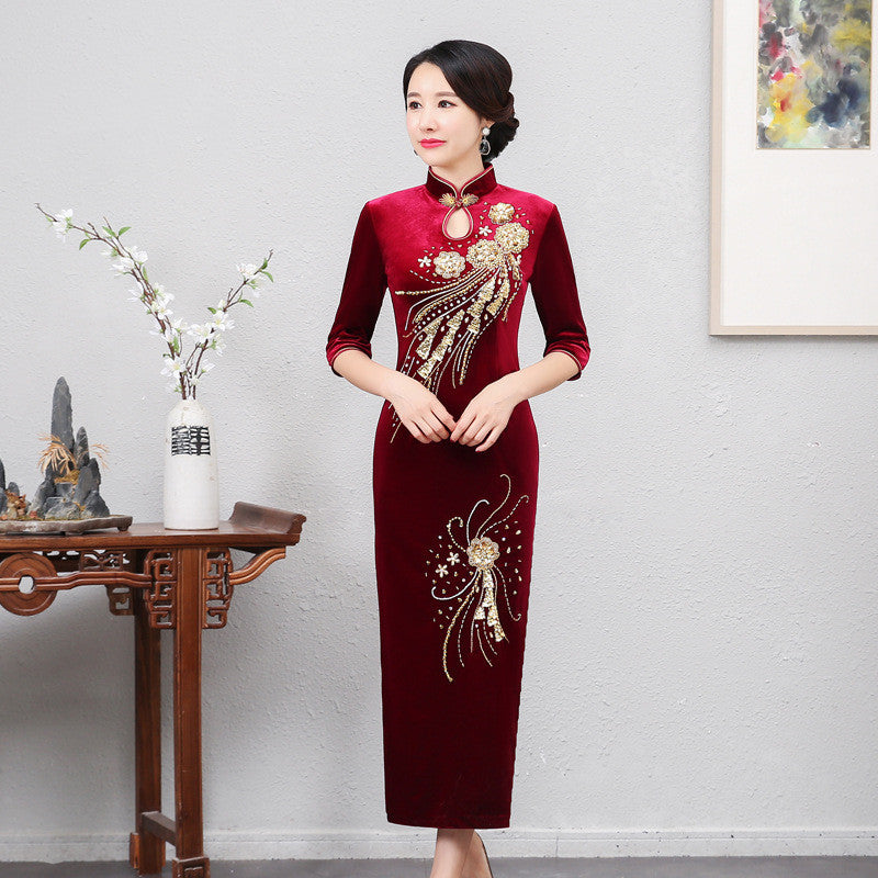 Golden Velvet Vintage Modified Beaded Long Cheongsam