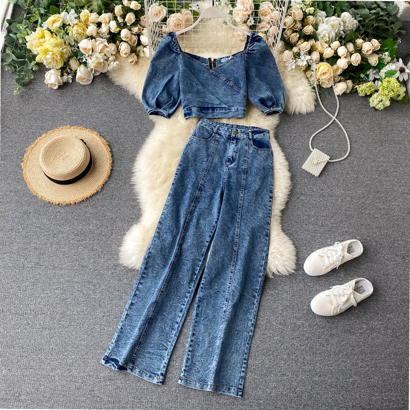 Two-piece denim high-waist wide-leg pants