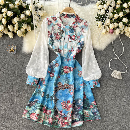 French dress 2022-puff sleeve design printed slim short dress