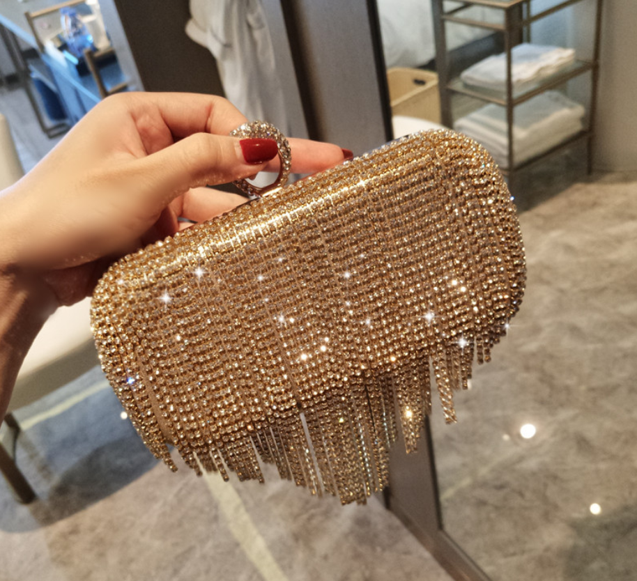 Shiny diamond ladies fringed bride clutch