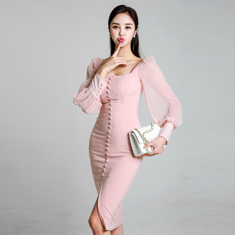 Chiffon stitching puff sleeve hip dress