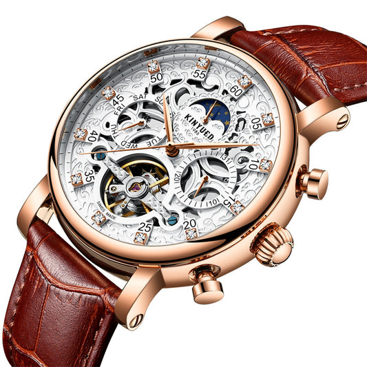 New KINYUED Genuine Automatic Leather Hollow Mechanical Watches Travel-time