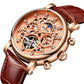 New KINYUED Genuine Automatic Leather Hollow Mechanical Watches Travel-time