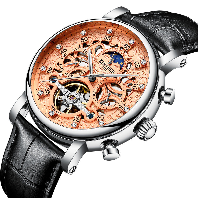 New KINYUED Genuine Automatic Leather Hollow Mechanical Watches Travel-time