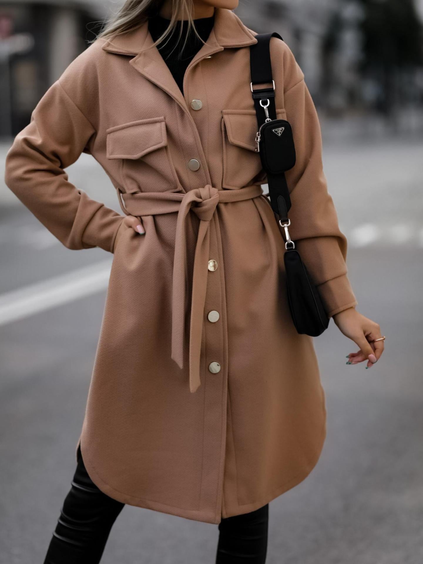 Solid Color Long Sleeve Woolen Coat