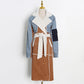 Nipped-waist Long Denim-paneled Lambskin Coat