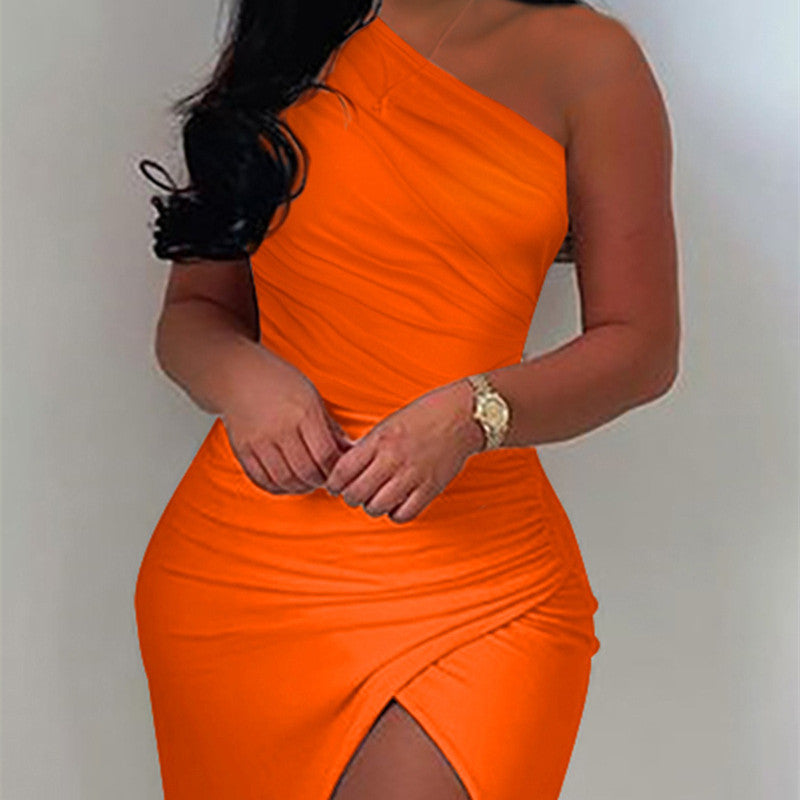 Off-shoulder Pleated Slit Solid Color Dress