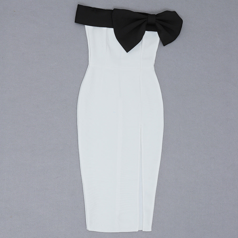 Black And White Slit Long Bow Party Dress