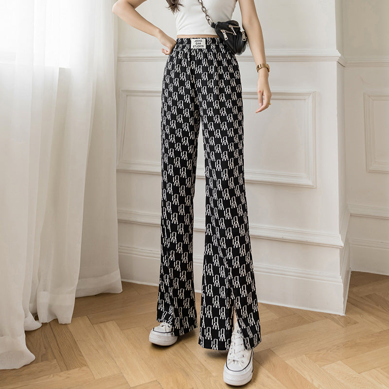 Summer High Waist Slit Flared Pants Slimming Plaid